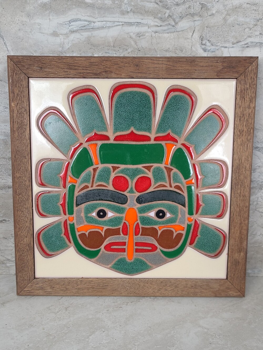 Vintage Steve Tongier "Kwakiutl - Eagle Mask" Ceramic Tile Wooden Trivet Artwork